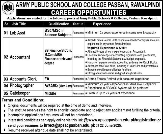 Army Public School & College (APSC) Rawalpindi Jobs 2025 – Apply Now