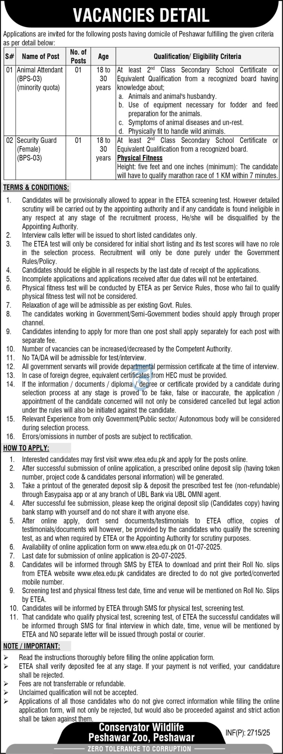 Peshawar Zoo Jobs 2025 for Animal Attendant – Apply Now