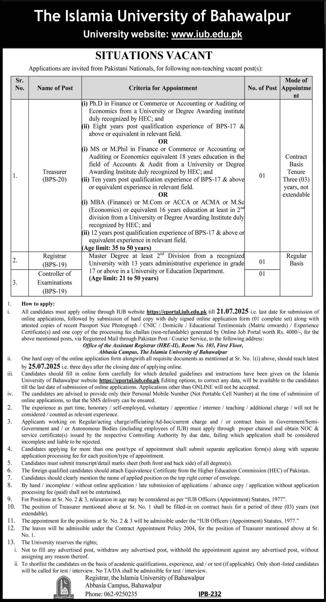 The Islamia University of Bahawalpur Jobs 2025 – Apply Now
Are you looking for govt jobs 2025 that offer job security, good pay, and a bright future? The Islamia University of Bahawalpur is offering new jobs 2025 for educated and skilled individuals. These government jobs 2025 are a great chance to work in one of the top universities in Punjab.

If you are living in Bahawalpur or nearby and searching for jobs near me, this could be the right time to apply. Let’s explore what these govt jobs Bahawalpur are all about.

About The Islamia University of Bahawalpur (IUB)
The Islamia University of Bahawalpur (IUB) is a leading public university in Punjab. It offers higher education to thousands of students and is known for its academic excellence. In Bahawalpur jobs 2025, the university is hiring new staff for different departments.

These government jobs in Bahawalpur offer great benefits, long-term job security, and a professional work environment.

Job Openings – Positions Available
The Islamia University of Bahawalpur Jobs 2025 include several job roles in various departments. Here are some of the top posts:

Lecturer (Various Subjects)
Assistant Professor
Associate Professor
Professor
Lab Assistant
Administrative Officer
IT Support Staff
Clerks
Library Assistant
Driver
Naib Qasid
These jobs in Bahawalpur are open to both male and female applicants.

What You Will Do – Job Responsibilities
For Teaching Staff:
Teach undergraduate and graduate students
Prepare lectures and class materials
Conduct research and publish papers
Help students with academic support
Take part in departmental meetings and planning
For Administrative and Support Staff:
Handle office tasks and data entry
Manage student records and documents
Assist in labs, libraries, and IT rooms
Maintain order and cleanliness on campus
Support university operations smoothly
These government jobs Punjab are perfect for people who are serious, skilled, and ready to serve in the education sector.

Who Can Apply – Eligibility Criteria
Each job has its own requirements, but here are the general qualifications:

Education Requirements:
Lecturer/Teaching Jobs: MS/MPhil or PhD in a relevant subject
Admin/Clerical Jobs: Intermediate, Bachelor’s, or Master’s degree
Support Staff Jobs: Primary, Middle, or Matric pass
Other Requirements:
Must be a Pakistani citizen
Domicile of Punjab preferred
Must have valid CNIC
Age limit: 18 to 45 years (varies by position)
If you meet these qualifications, you can apply for these new govt jobs 2025 in Bahawalpur.

Why You Should Apply – Job Benefits
Working at The Islamia University of Bahawalpur comes with many perks:

✔️ Secure Government Position
✔️ Good Monthly Salary
✔️ Annual Increments and Bonuses
✔️ Health and Pension Plans
✔️ Paid Leaves
✔️ Professional Growth Opportunities
If you’ve been searching for government jobs in Bahawalpur, this is your chance to work at a top university and enjoy a stable career.

How to Apply – Step-by-Step Guide
Follow these steps to apply for the Islamia University of Bahawalpur Jobs 2025:

Step 1: Visit the Official IUB Website
Go to: www.iub.edu.pk You will find the latest job ad and online application portal.

Step 2: Register Online
Create an account if you don’t already have one. Log in to access the application form.

Step 3: Fill Out the Form
Enter your personal and academic details. Select the post you are applying for.

Step 4: Upload Documents
You will need to upload:

CNIC copy
Educational certificates
Domicile
Recent passport-size photo
Step 5: Pay the Fee
Some posts may require an application fee. Pay it through the bank or online service as mentioned in the ad.

Step 6: Submit the Form
After checking all details, submit your form online. Print a copy for your records.

Important Notes
📅 Apply before the last date mentioned in the ad (check the IUB website for updates)
📞 Shortlisted candidates will be contacted for tests or interviews
📝 Incomplete or late applications will not be accepted
These Bahawalpur jobs 2025 are limited, so make sure to apply early and correctly.

Final Words – Don’t Miss Out
These Islamia University of Bahawalpur Jobs 2025 are a great chance to join a top institution. Whether you're interested in teaching, office work, or support services, there is a job for you.

If you want a stable, respected position in government jobs Punjab, now is the time to act. These are some of the most promising government jobs 2025 currently available.

Don’t wait too long. Apply now for these govt jobs Bahawalpur and take the next big step in your career.

Stay Updated for More Jobs
To learn more about future government jobs, keep checking:

Official websites
Local newspapers
Job boards
Also, share this job post with your friends and family who are looking for jobs near me, govt jobs 2025, or new jobs 2025 in Bahawalpur.